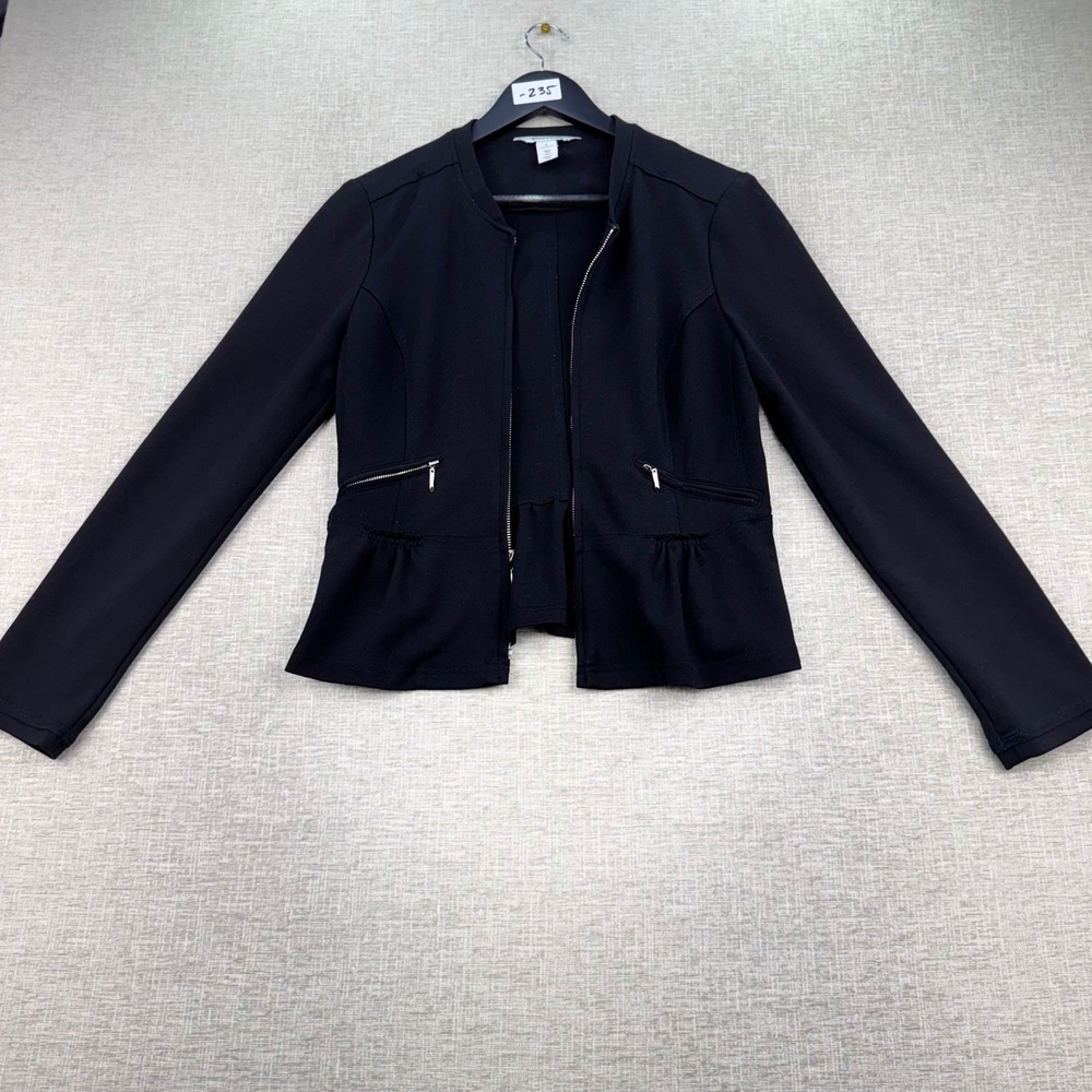 White House Black Market Black Peplum Zip Front Jacket Size 4 Collarless Blazer